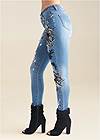Waist down side view Floral Applique Skinny Jeans