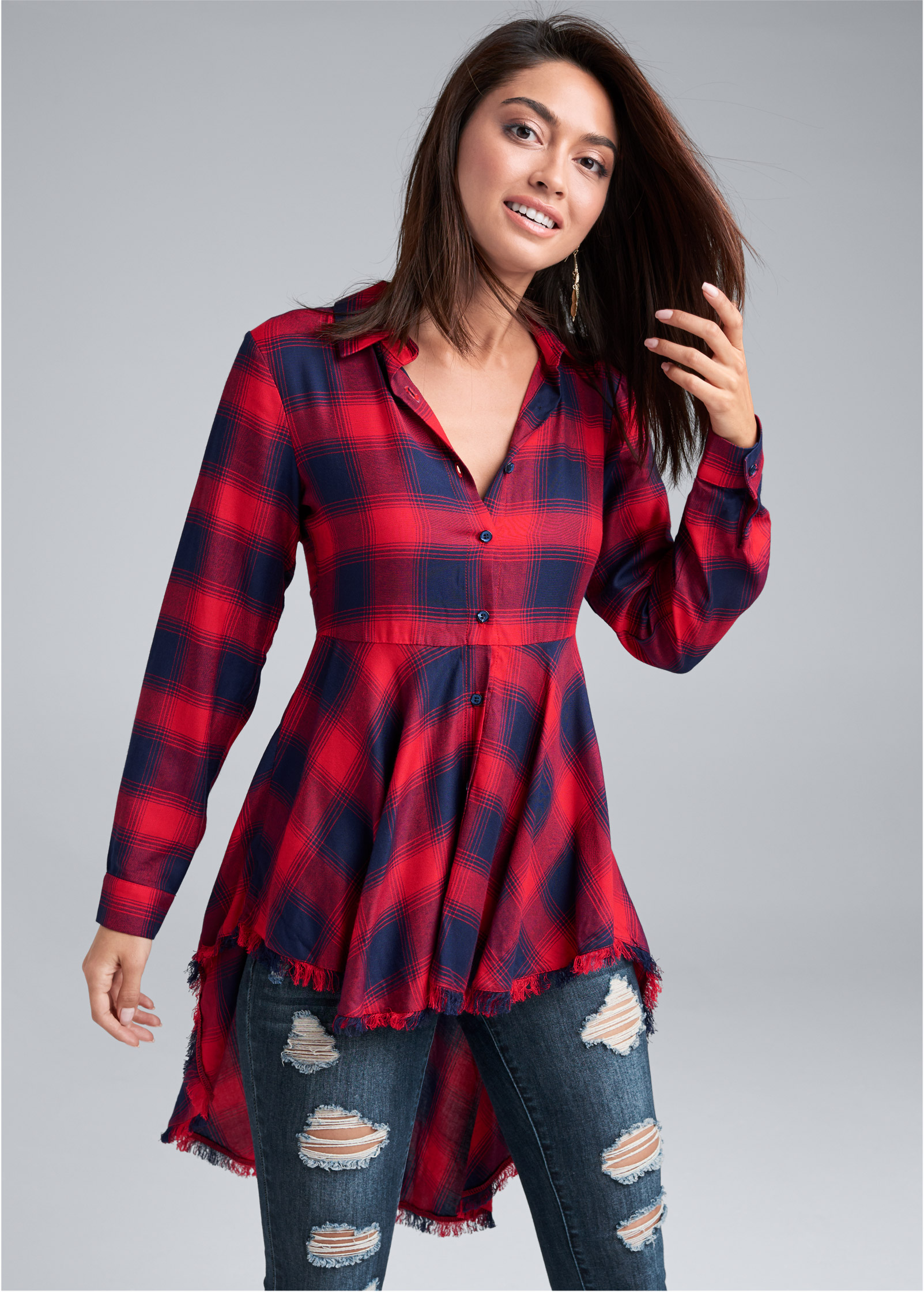 Plaid High Low Top in Red And Blue | VENUS