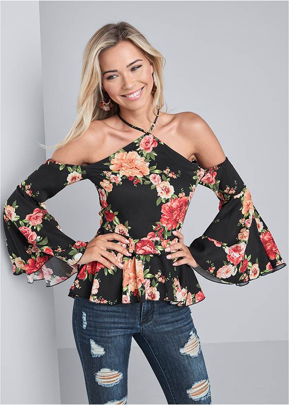 Cropped front view Floral Bell Sleeve Top