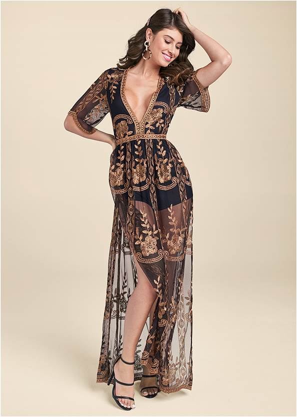 Full front view Metallic Embroidered Romper