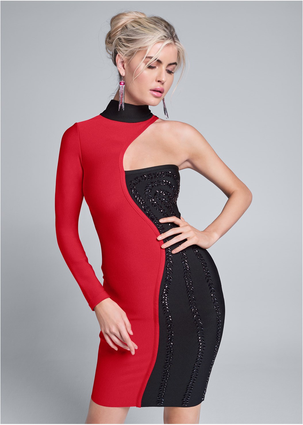 Color Blocked Bandage Dress in Red & Black | VENUS