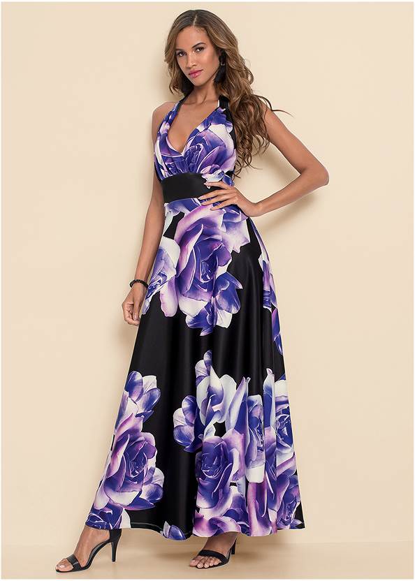 Floral Printed Long Dress,Lace Smoothing Brief,High Heel Strappy Sandals,Peep Toe Mules,Oversized Tassel Earrings