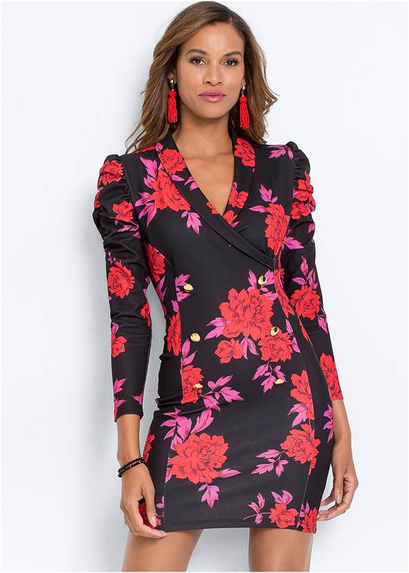 Full front view Puff Shoulder Printed Dress