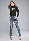Front View Distressed Sequin Detail Skinny Jeans
