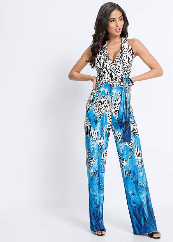 Full front view Mixed Print Halter Jumpsuit