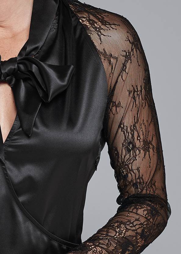 Detail front view Lace Sleeve Tie Neck Blouse
