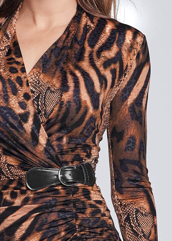 Detail front view Animal Print Ruched Dress