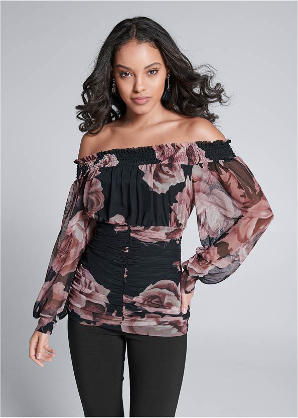 Ruched Floral Mesh Top,Mid-Rise Slimming Stretch Jeggings