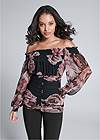 Front View Ruched Floral Mesh Top
