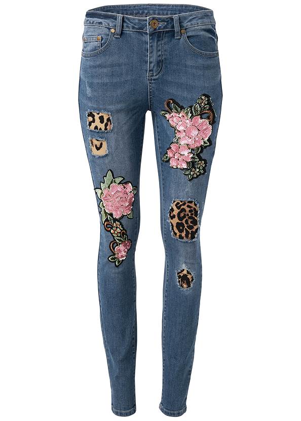 Alternate View Distressed Sequin Detail Skinny Jeans