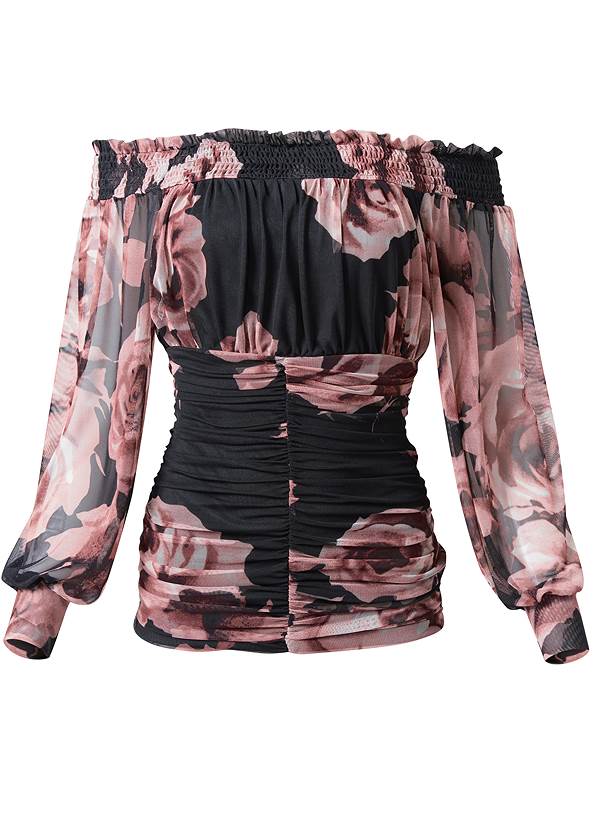 Ruched Floral Mesh Top,Mid-Rise Slimming Stretch Jeggings