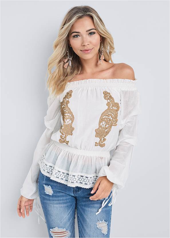 Cropped front view Embroidered Off-The-Shoulder Top