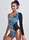 Cropped front view Sports Illustrated Swim™ Color Block One Sleeve One-Piece