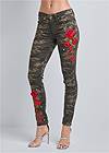 Waist down front view Rose Embroidered Camo Skinny Jeans