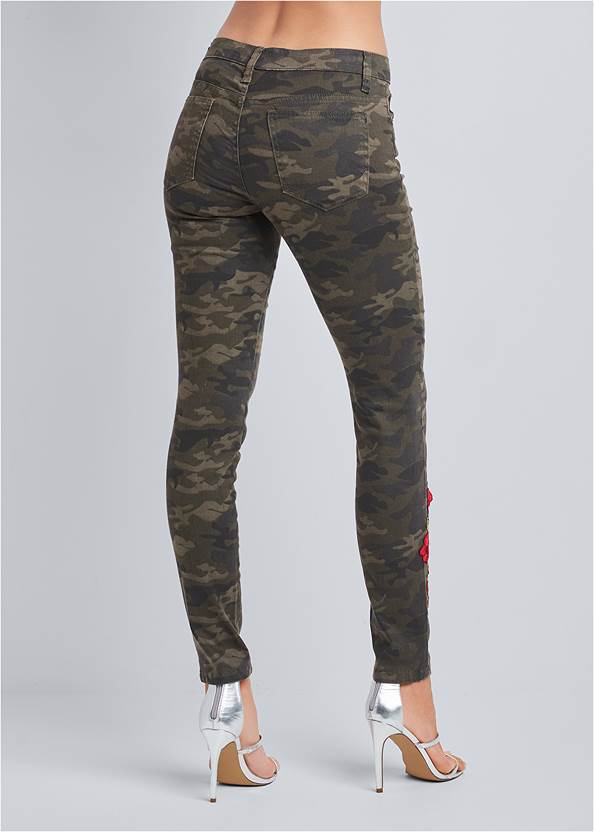 Waist down back view Rose Embroidered Camo Skinny Jeans