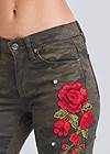 Detail front view Rose Embroidered Camo Skinny Jeans