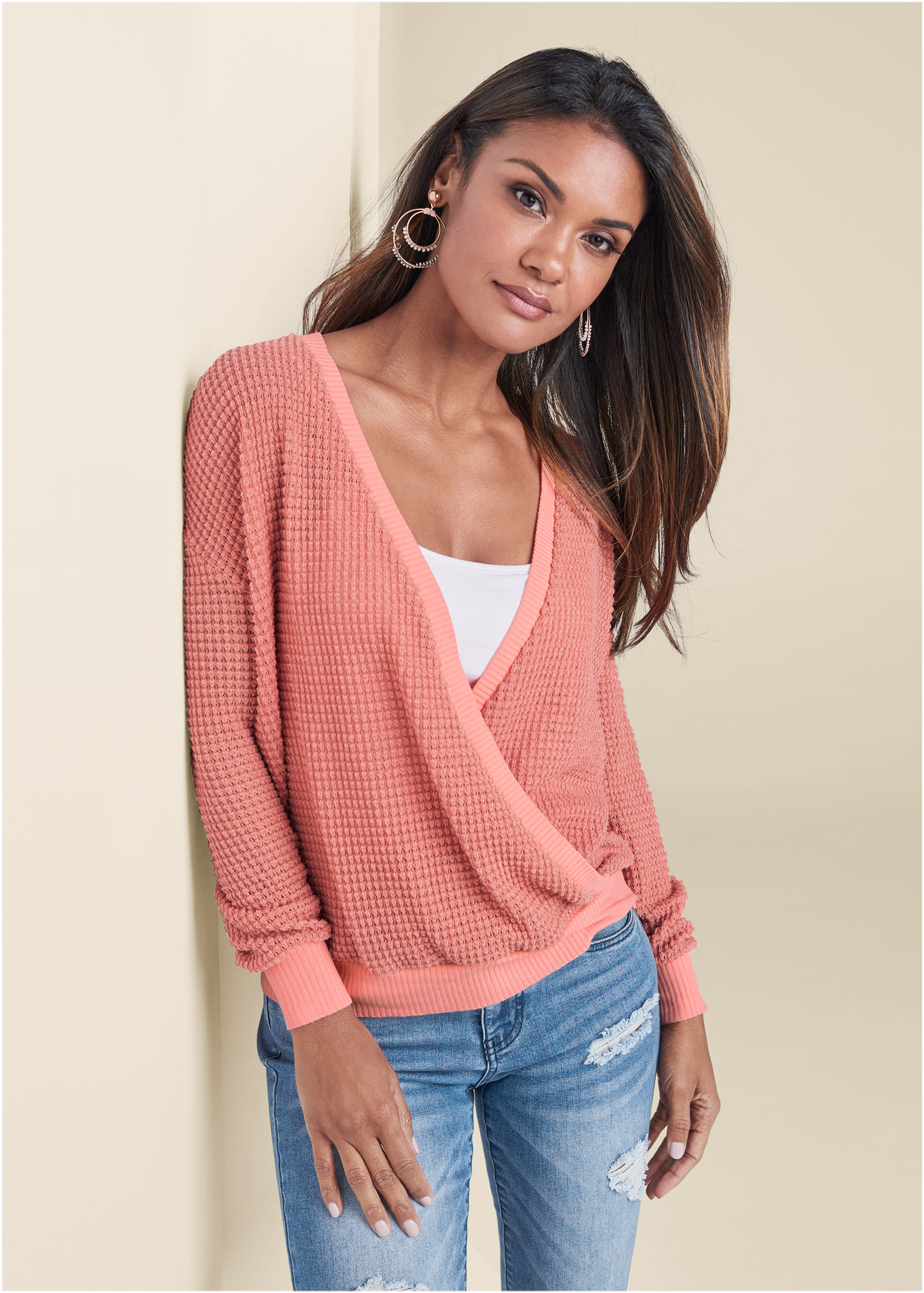 WAFFLE KNIT SURPLICE LOUNGE TOP in Coral | VENUS