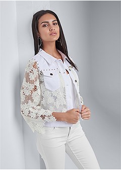 Denim Lace Sleeve Jacket in White | VENUS