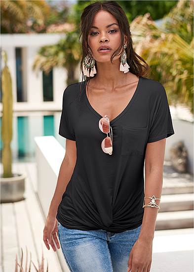 Choker V-Neck Plunge Multi Cross Strap Detail Relaxed Fit Short Sleeve Tee Top