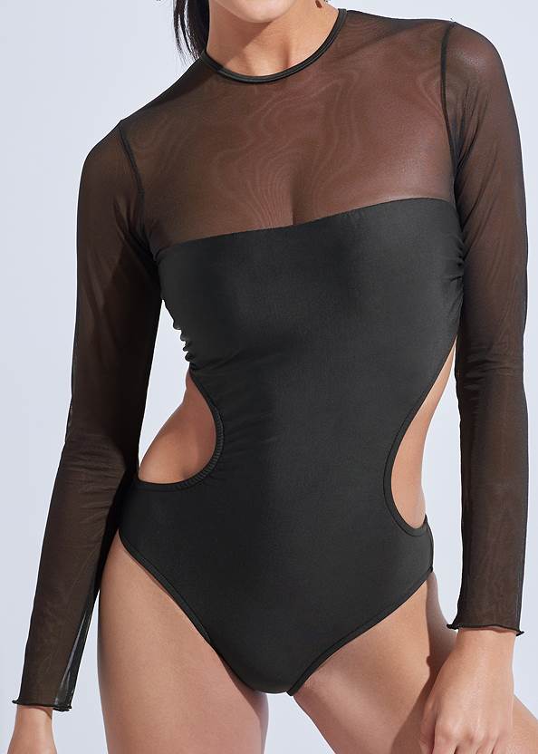 Detail front view Sports Illustrated Swim™ Mesh Long Sleeve One-Piece