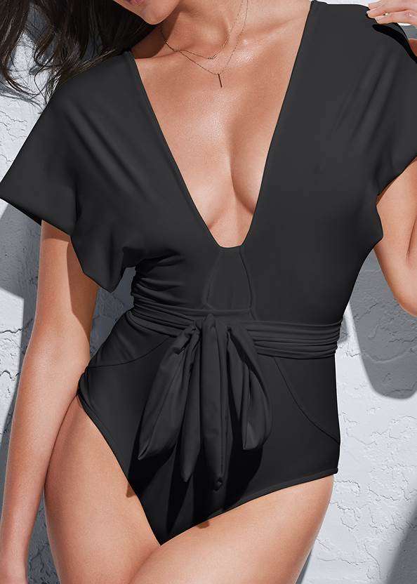 Detail front view Sports Illustrated Swim™ Open Side Faux Sleeve One-Piece
