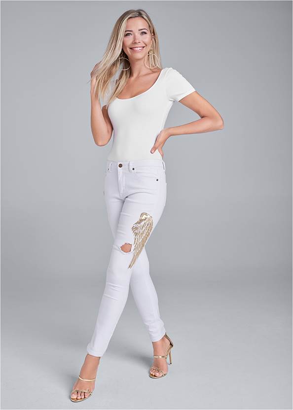 Front View Sequin Wing Skinny Jeans