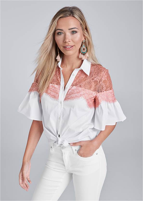 Lace Sleeve Button Up Top,Lift Jeans