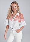 Front View Lace Sleeve Button Up Top