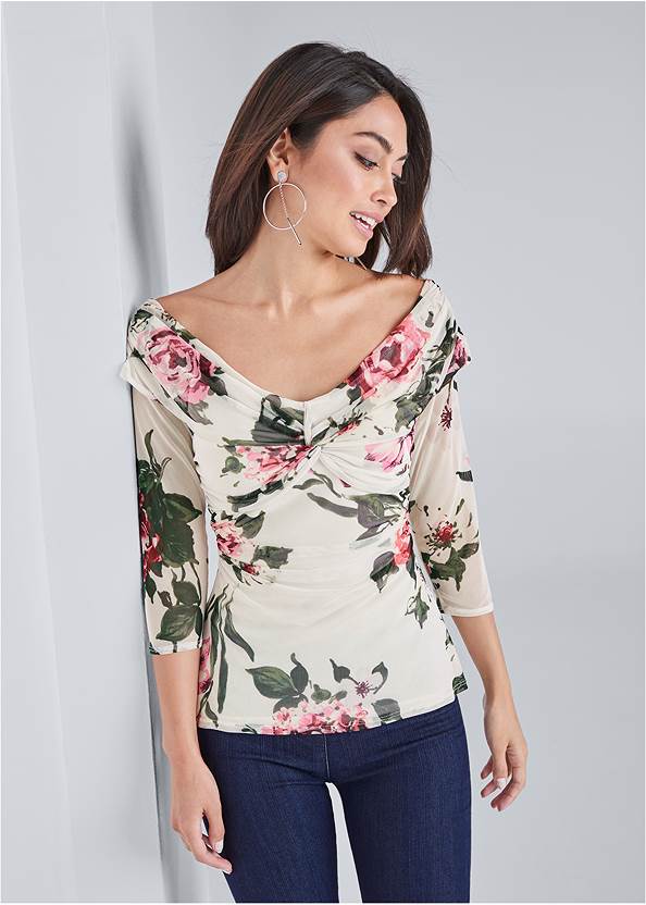 Mesh Floral Print Top,Mid-Rise Slimming Stretch Jeggings,High Heel Strappy Sandals