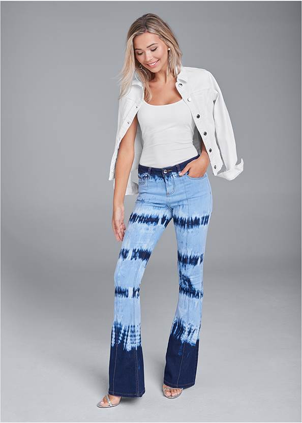 Tie Dye Wide Leg Jeans,Basic Cami Two Pack,Jean Jacket,Whipstitch Peep Toe Booties,Rhinestone Thong Sandals