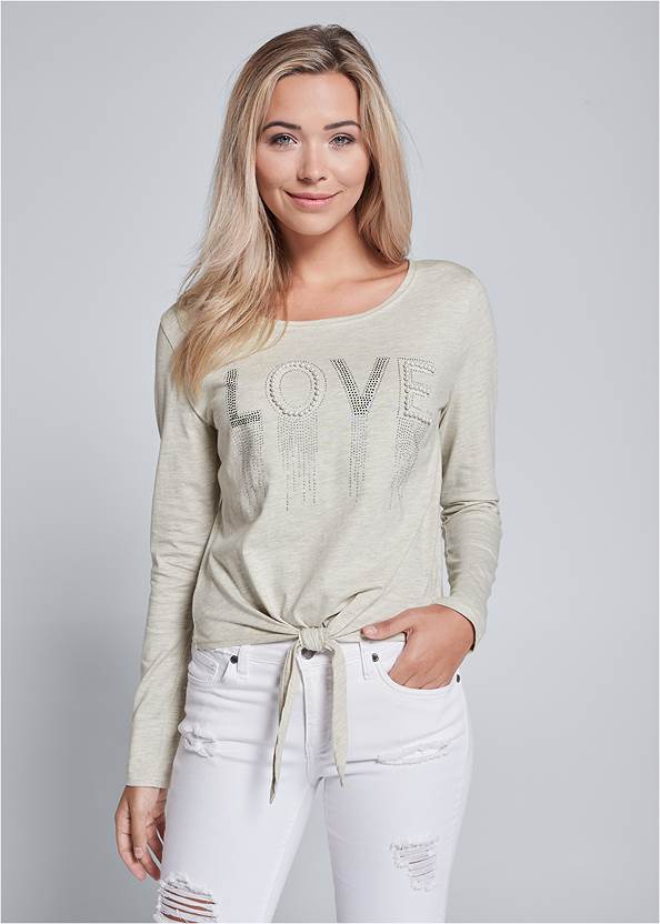 Embellished Love Graphic Top,Triangle Hem Jeans