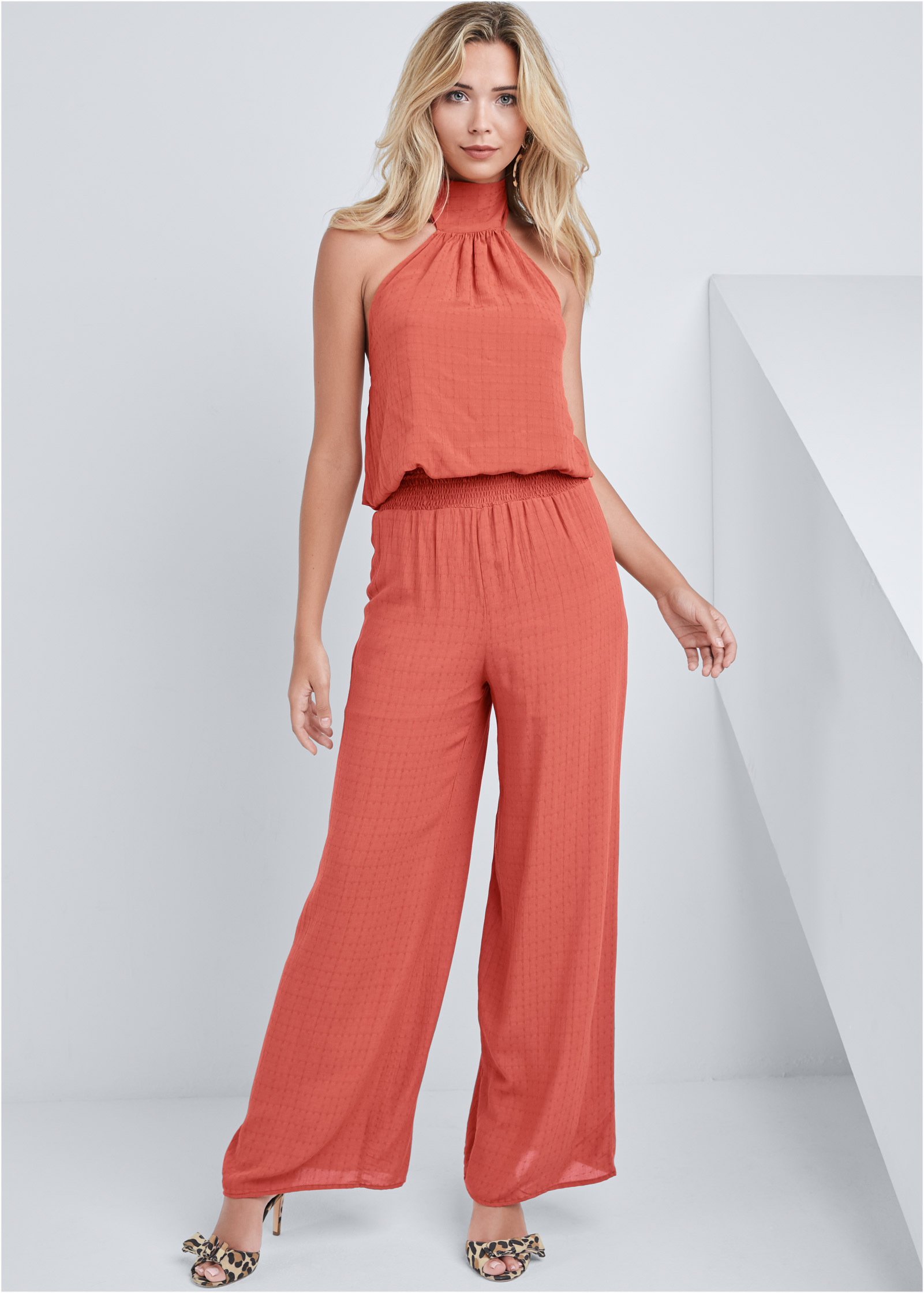 burnt orange stripe tie detail jumpsuit