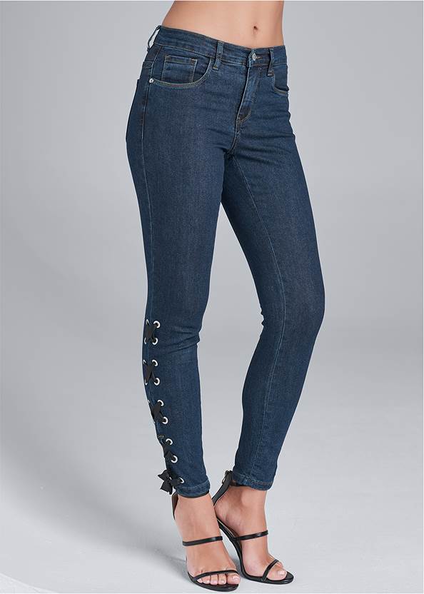 Lace Up Detail Jeans in Dark Wash | VENUS