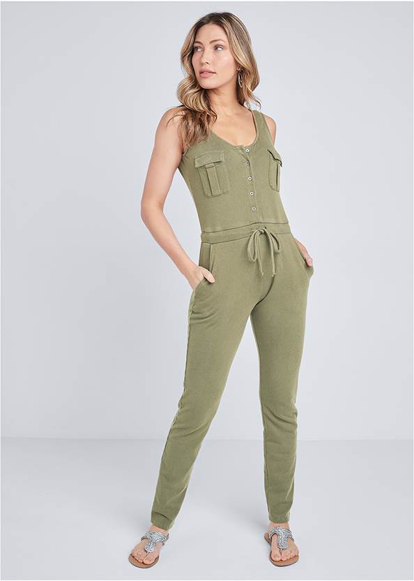 Front View Mineral Wash Utility Jumpsuit