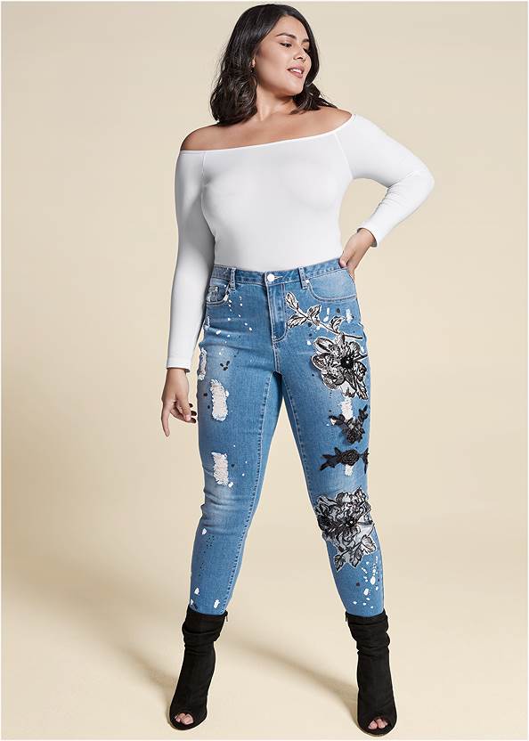 Floral Applique Skinny Jeans,Off-The-Shoulder Top,Peep Toe Booties