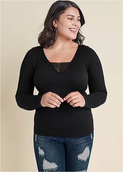 Plus Size Ribbed Mesh Seamless Top, Any 2 Tops For $39