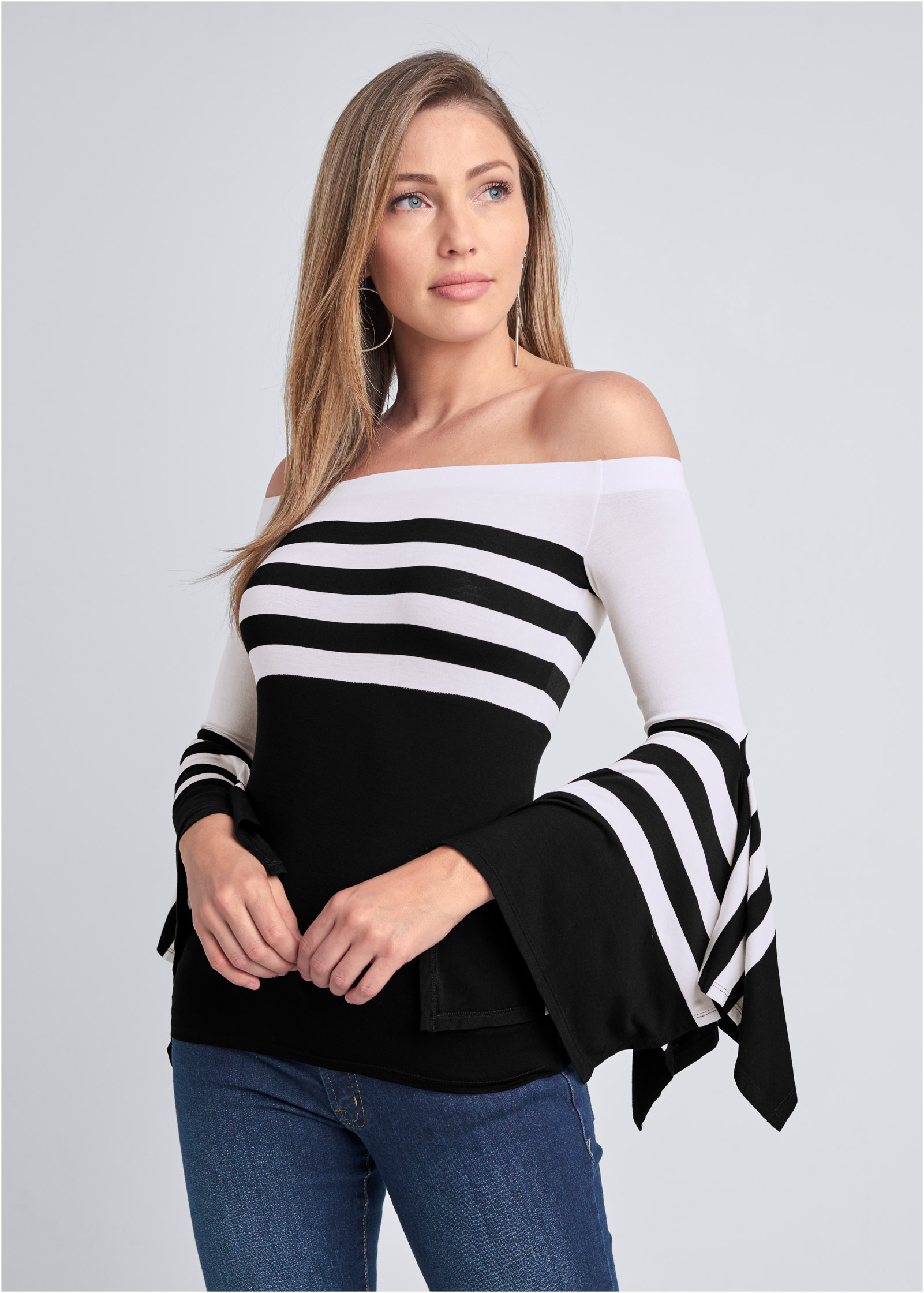 black and white striped cold shoulder top