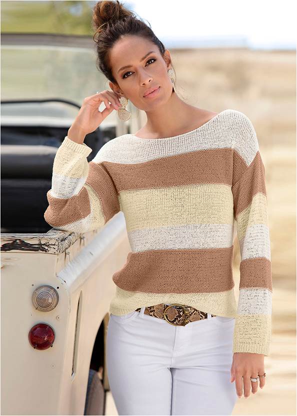 Striped Sweater,Casual Bootcut Jeans,Bum Lifter Jeans,Belted Utility Shorts,Buckle Knee High Boots,Rhinestone Thong Sandals,Rattan Circle Earrings,Striped Rope Shell Tote Bag