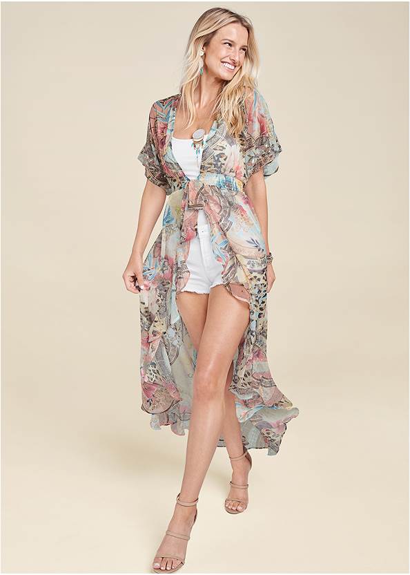 Embellished Floral And Paisley Print Maxi Top,Basic Cami Two Pack,Strappy Detail Top,Frayed Cutoff Jean Shorts,Mid Rise Color Skinny Jeans,Pearl By Venus® Strapless Bra,High Heel Strappy Sandals