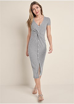 BRUSHED RIB KNOT LOUNGE DRESS in Heather Grey | VENUS