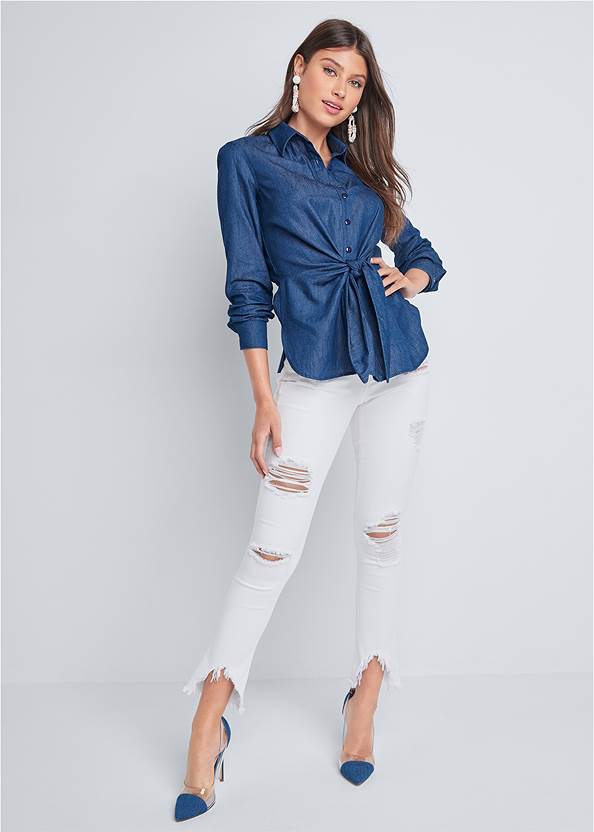 Full front view Chambray Knot Twist Top