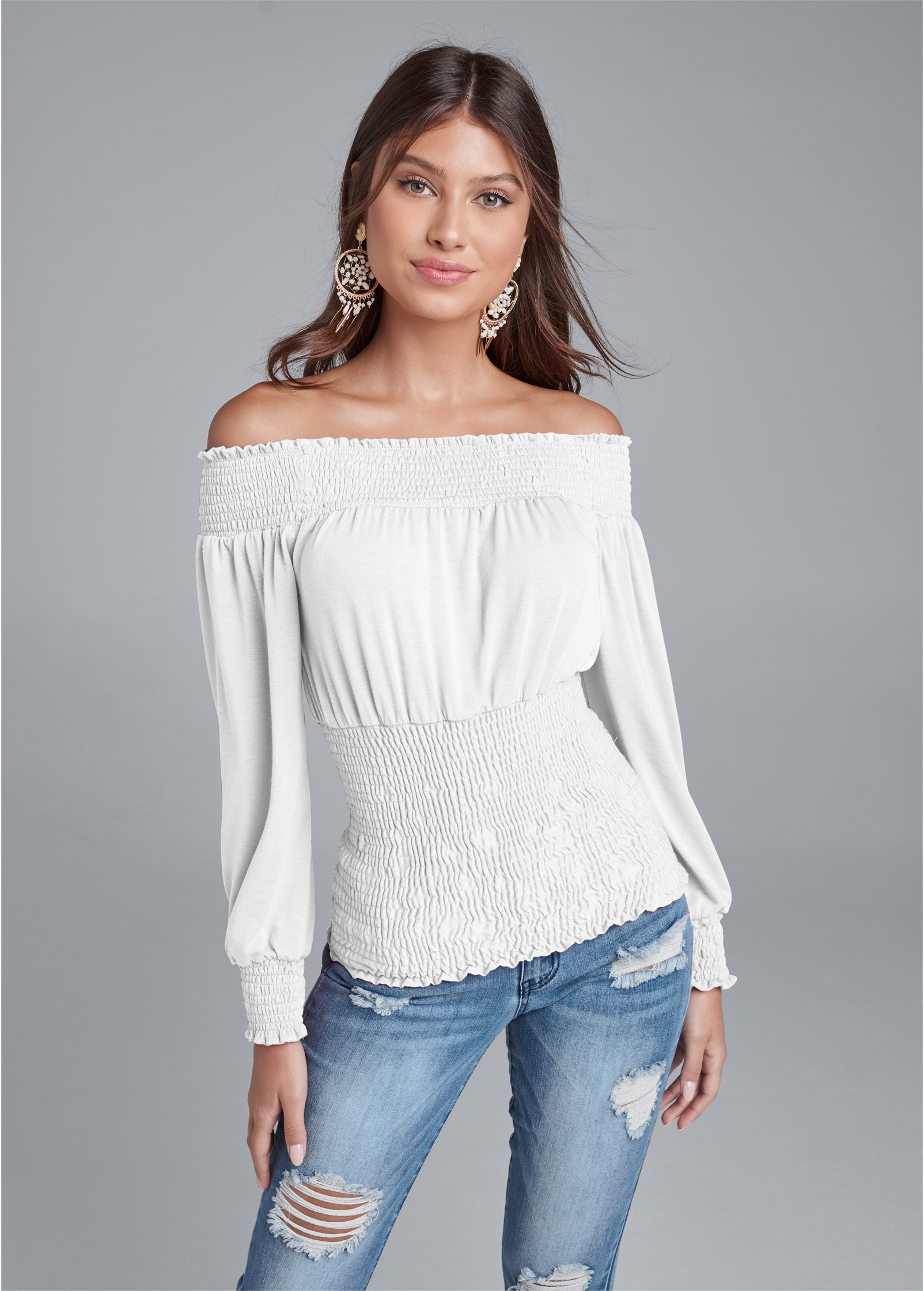 smocked white off the shoulder top