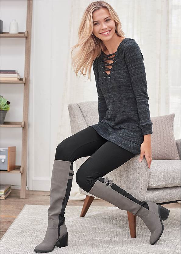 Lace-Up French Terry Dress,Basic Leggings,Stretch Back Boots,Faux-Fur Buckle Boots