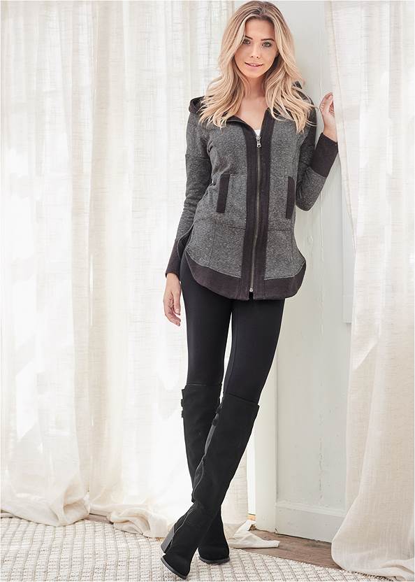 Tunic Length Zip Up Hoodie Jacket,Basic Cami Two Pack,Basic Leggings,Stretch Back Boots