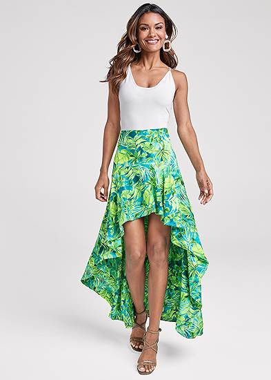 Plus Size Palm Print High-Low Skirt