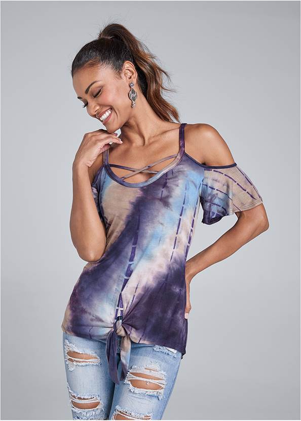Tie Dye Cold-Shoulder Top,Ripped Capri Jeans,Triangle Hem Jeans,High Heel Strappy Sandals