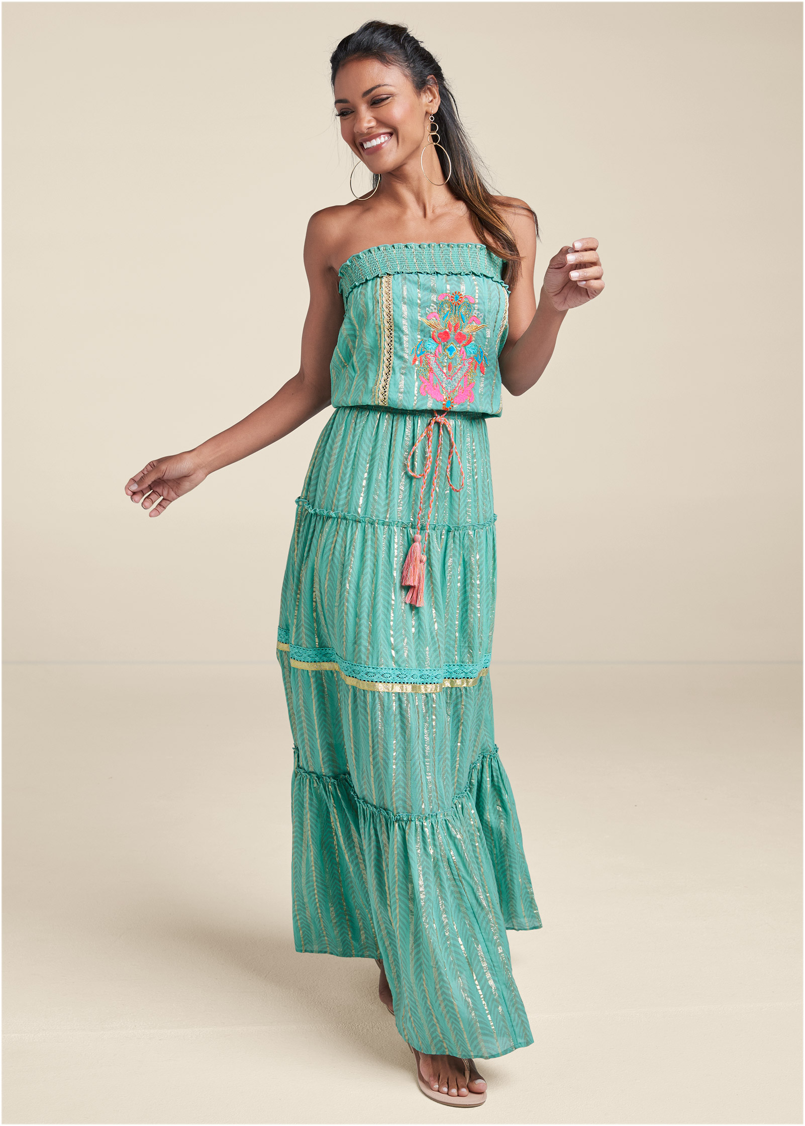 Embroidered Maxi Dress in Turquoise Multi | VENUS