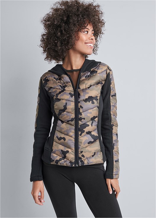 Camo Print Puffer Detail Jacket in Black Multi | VENUS