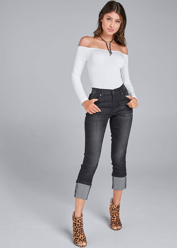 Cropped Cuff Jeans,Off-The-Shoulder Top,Basic Cami Two Pack,Western Block Heel Booties,Transparent Studded Heels,Mixed Earring Set,Woven Studded Bag