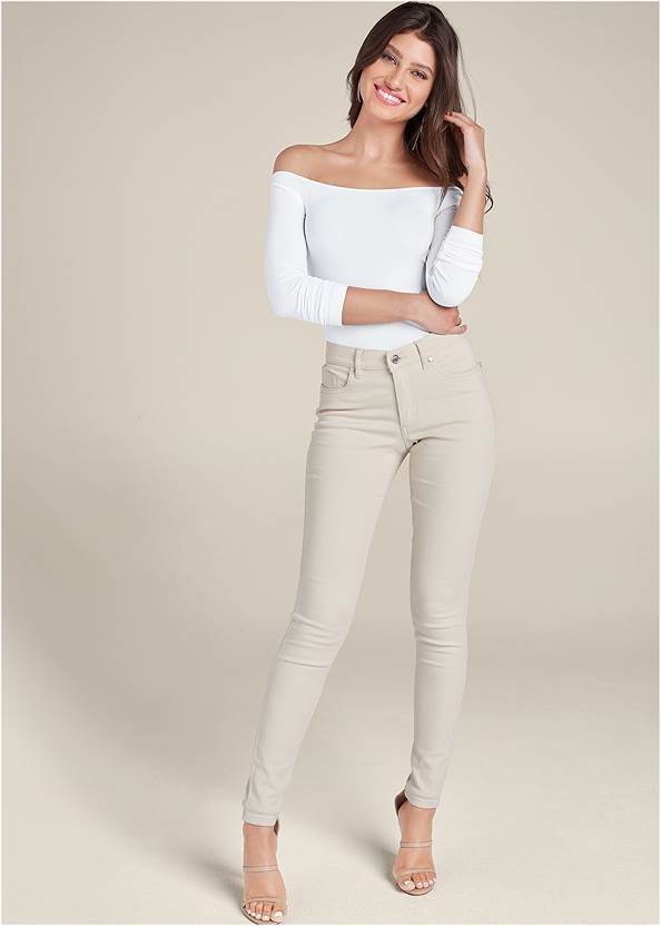 Slim Jeans,Off-The-Shoulder Top,Basic Cami Two Pack,High Heel Strappy Sandals,Over-The-Knee Stretch Boots,Hoop Detail Earrings
